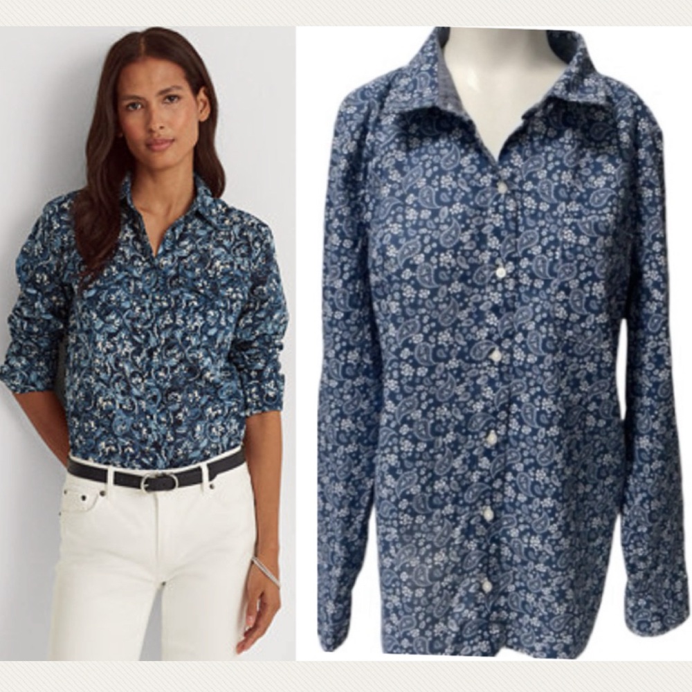 Vintage Floral Blouse Tommy Hilfiger Chambray Blue Cotton Minimalist Size XL - Picture 17 of 17